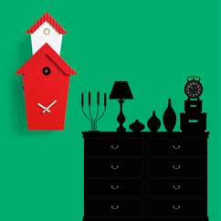 Contemporary cuckoo clock Art.flat 2601 lacquered with acrilic color red, with environment
